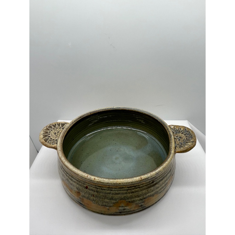 Vintage Studio Pottery Handcrafted Stoneware Serving Bowl Green Brown Sunburst
